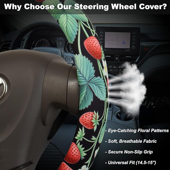 Strawberry Vine Steering Wheel Cover for 14.5-15 Inch (37-38 cm) Wheels, Premium Fabric with Non-Slip Rubber Inner Ring (Strawberry Vine)