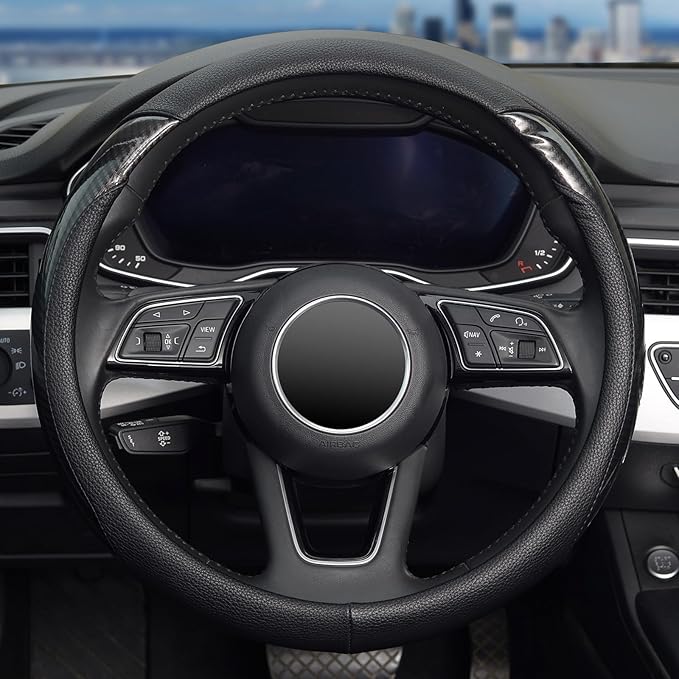 ZHOL Car Steering Wheel Cover Universal 14 1/2"-15" Leather Carbon Fiber Anti-Slip Car Accessories, Black