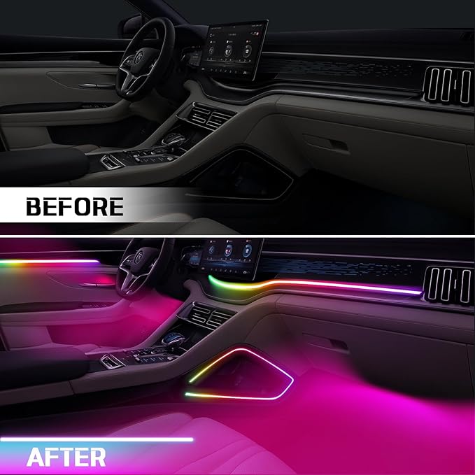 Dreamcolor Acrylic Interior Car LED Strip Light with Wireless APP Control, RGB 14-in-1 Ambient Lighting Kit with Music Sync, Dynamic Color Chasing Neon Light Kits for Car Interior