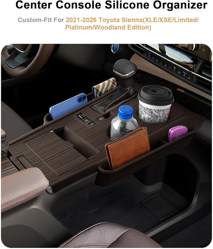 2026 Sienna Center Console Organizer - for 2021-2025 2026 Toyota Sienna Silicone Center Console Cover Tray - 2021-2026 Sienna(XLE/XSE/Limited/Platinum/Woodland Edition) Interior Accessories(Brown)