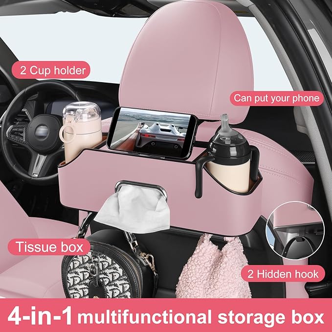 Car Rear Backseat Extra Multifunctional Drink Cup Holder Organizers with Tissue Storage Box Organizer & Hooks for Car Seat Back. Pink