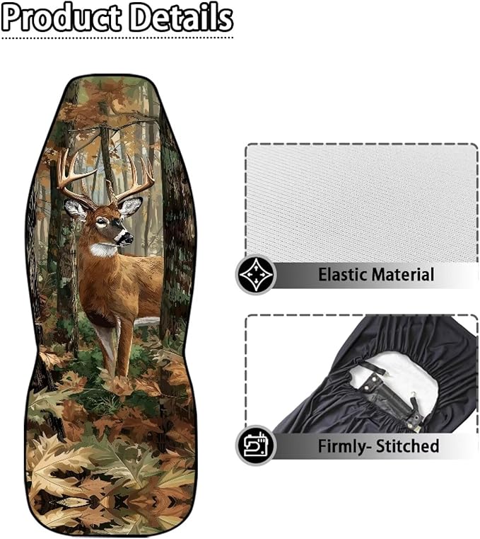 ELEQIN Car Seat Covers, Camo Hunting Deer Seat Cover Front Car Seat Cushion, Front Auto Protector Universal Fit Most Cars, Automotive Interior Accessory