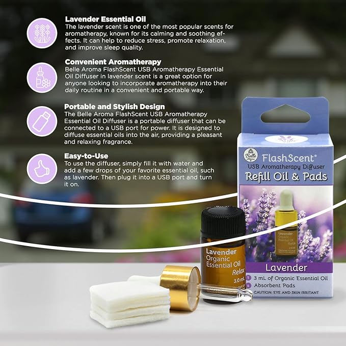 FlashScent USB Aromatherapy Essential Oil Diffuser for Home, Work, Car Refill Kit - Includes 2.5mL Bottle of 100% Pure Lavender Essential Oil and 4 Scent Pads for Our USB Diffuser
