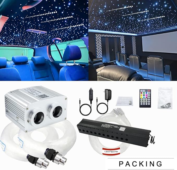 AZIMOM Dual Port 16W Twinkle Bluetooth Fiber Optic Starlight Kit 1100pcs*0.03in*13.1ft Meteor Shooting Star Fibers Strands Sound Activated RGBW APP/Remote for Car Home Starlight Headliner Decor