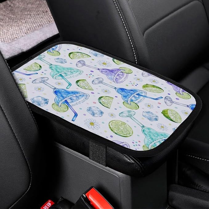 Colorful Margarita Glasses Car Center Console Decor Handrail Armrest Box Cushion Interior Covers Car Protector Pad Lid Cover Accessories Universal Fit for Auto Truck Vehicles