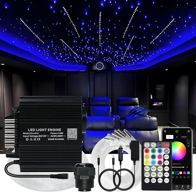 AKEPO 12W Twinkle+Meteor 2-in-1 Fiber Optic Lights, 600pcs*0.03in*13.1ft+240pcs Shooting Star Starlight Headliner Kit Car Home APP Control Sound Activated Fiber Optic Star Ceiling Kit