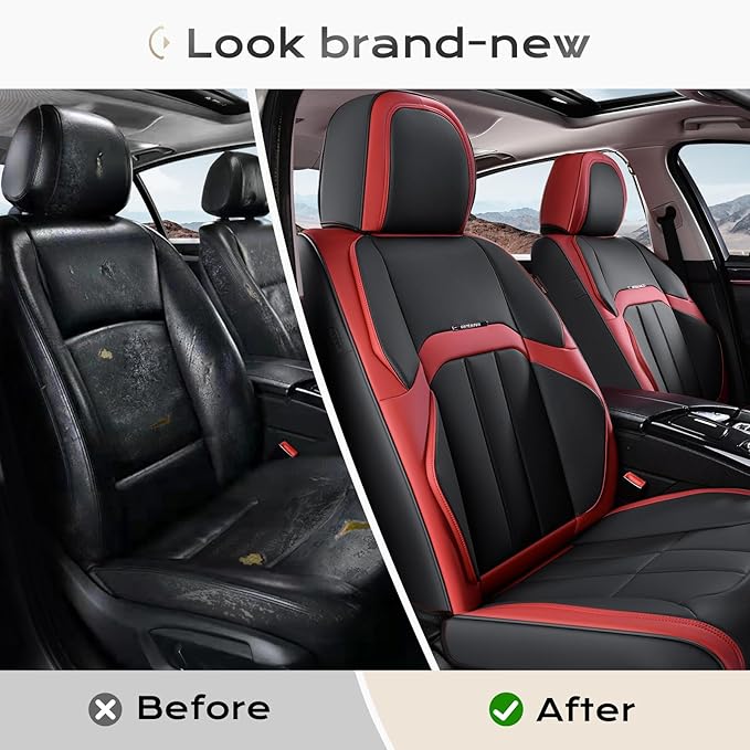 Coverado Car Seat Cover, Cover for Cars Front Seat, Premium Leather, Universal Fit Waterproof Seat Protectors, Car Seat Cushion Non-Slip for Most Cars-Black Red