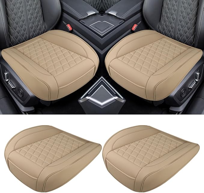 Luxury Faux Leather Car Seat Cover, Anti-Slip Waterproof Universal Front Bottom Seat Protector with Storage Pocket, Triangular Pattern Vehicle Seats Cushion for Sedans, SUVs, Trucks (2PCS&Beige)