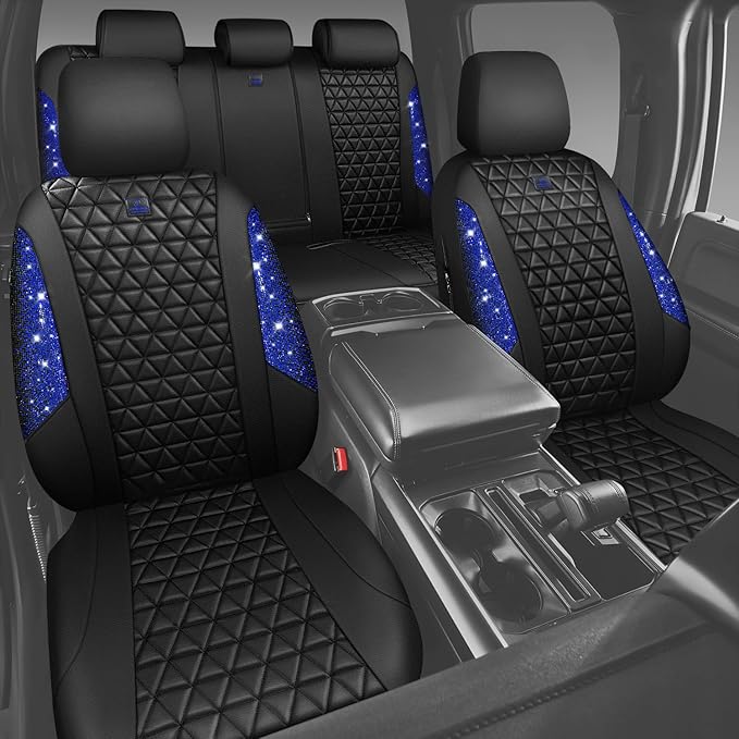 CAR PASS Bling Diamond Black Leather Car Seat Covers Full Set Interior Sets, Waterproof Shining Glitter Sparkly Crystal Universal Armrest Fit Automotive Truck SUV Cute Women Girl, Blue Rhinestone