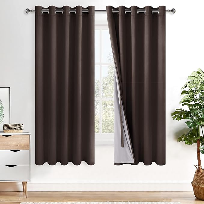 XWZO 100% Blackout Curtains 63 Inches Long with Tiebacks- Heat Blocking Energy Efficiency Window Draperies Grommet Top with Black Liner for Bedroom/Living Room, Brown, W60 x L63, Set of 2