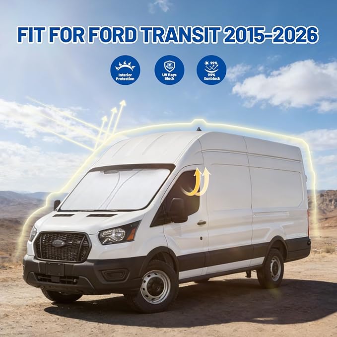 for Ford Transit Van 2015-2026 High and Medium Roof Front Windshield & Side Window Covers, Foldable 3-Piece Window Shades Set, Custom Fit Sunshade Visor for UV & Heat Block, Cargo Van Accessories