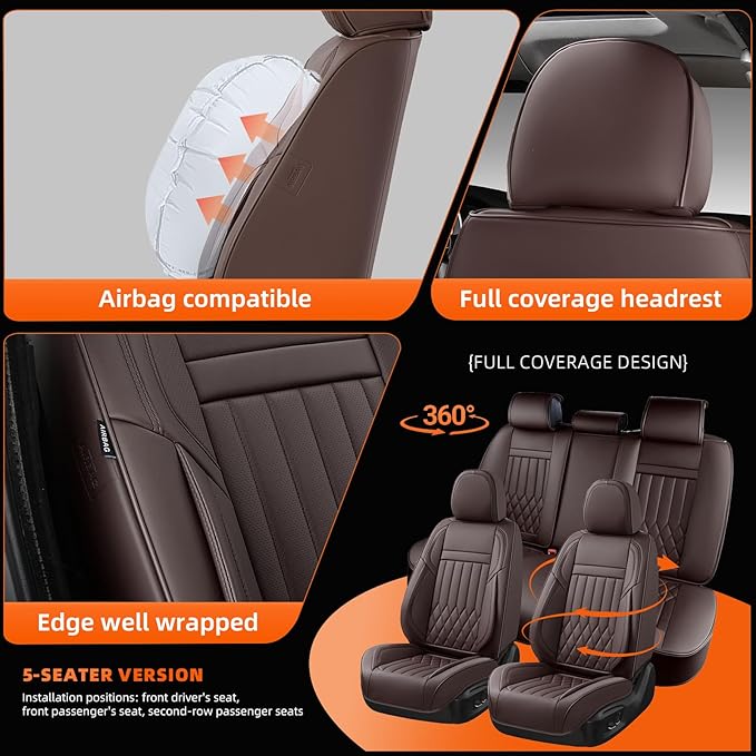 KEYOOG Premium Nappa Leather Car Seat Covers Full Set, Universal Fit for Most Sedans, SUVs - Waterproof & Breathable, Compatible with Honda Civic, Toyota Corolla, Jeep Cherokee/ 5-Seater, Luxury Brown