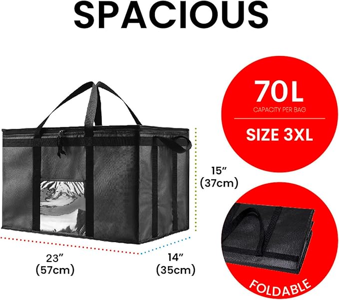 NZ home Insulated Bags for Food Delivery (3XL) Grocery Shopping Cooler Bag, Pizza Delivery, Hot & Cold Catering Tote, Reusable, Foldable & Heavy Duty (2 Pack, Black)