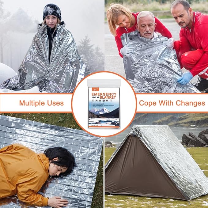4 Pack -Large 82” x 62” Survival Emergency Mylar Thermal Blankets, Thermal Survival Blanket Perfect for Camping, Hiking, Body Insulation, Outdoors, Car Survival Kit, Bug Out Bag