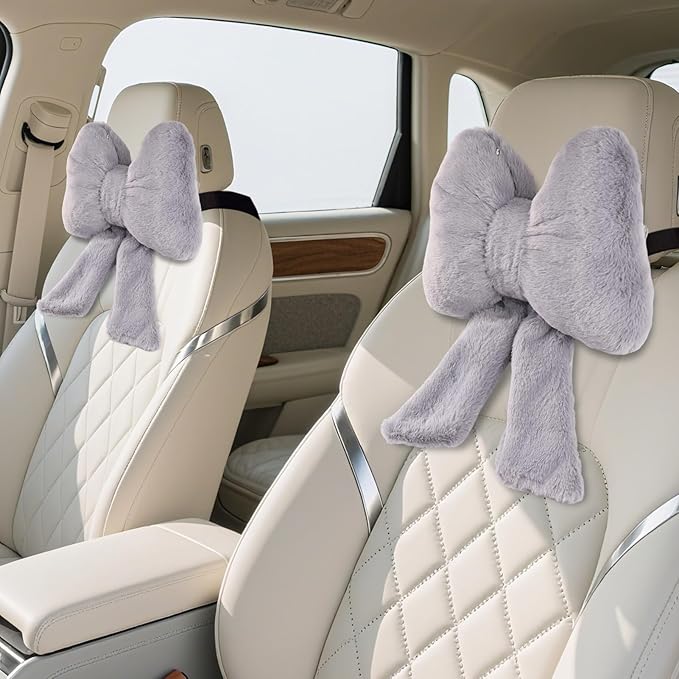 Bow Car Headrest Pillows Plush Car Neck Pillows for Travel Driving Office Chair Head Support Cushions, Also Cute Car Decor Accessories (2PCS Grey)