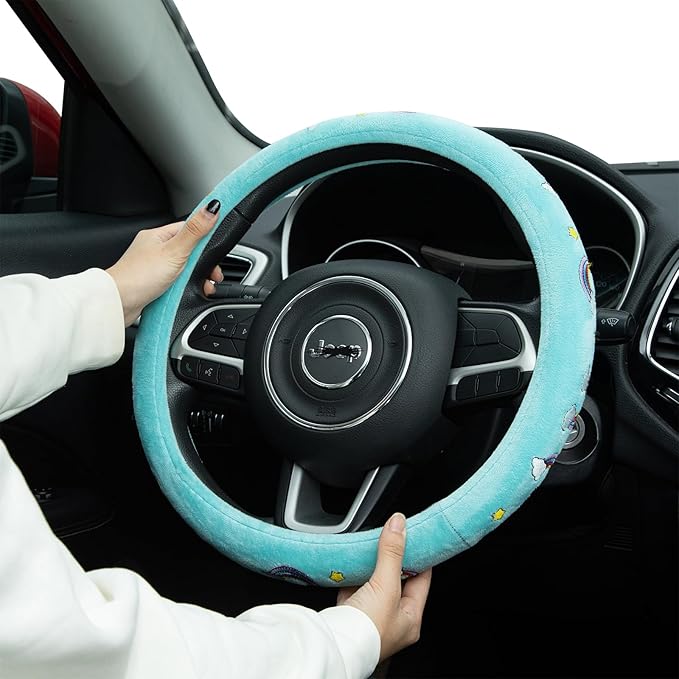 Embroidered Rainbow Cute Blue Steering Wheel Cover, Auto Anti-Slip Breathable Steering Wheel Protector,Rainbow Car Accessories for Women,Universal Size Fit Most Cars -15 inch