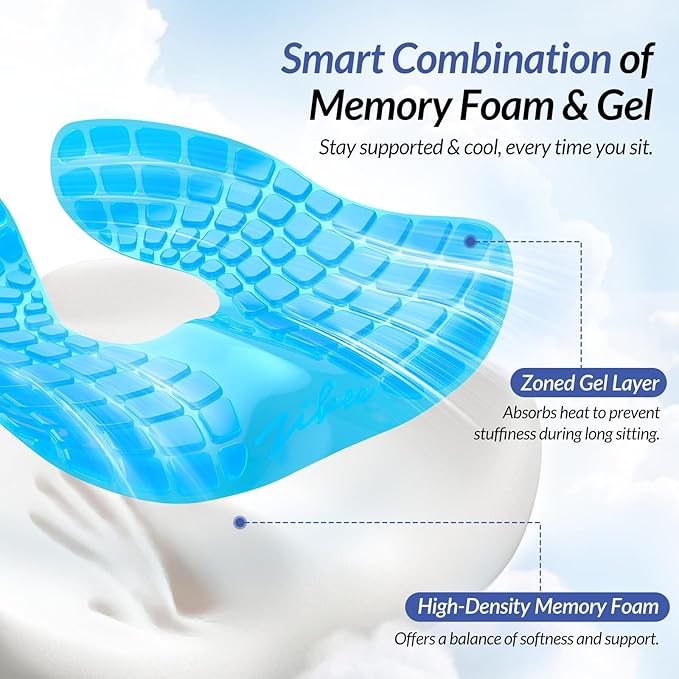 ZIKEE Pioneering Gel Seat Cushion for Sitting Without Stuffiness, Ergonomic Memory Foam Office Chair Cushion for Sciatica, Back, Tailbone Pain Relief, Anti-Slip Car Seat Cushion, Breathable Cover