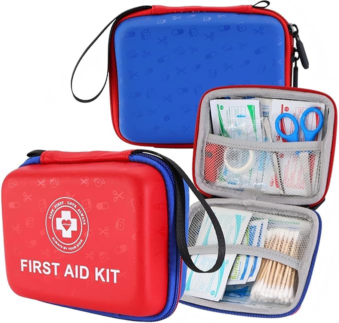 Small First Aid Kit - 165 Piece Dual-Color Emergency Medical Kit with Hard Shell & Fluorescent Exterior Coating, Emergency First Aid Kit for Home, Car, Travel, Hiking & Outdoor(Red/Blue)