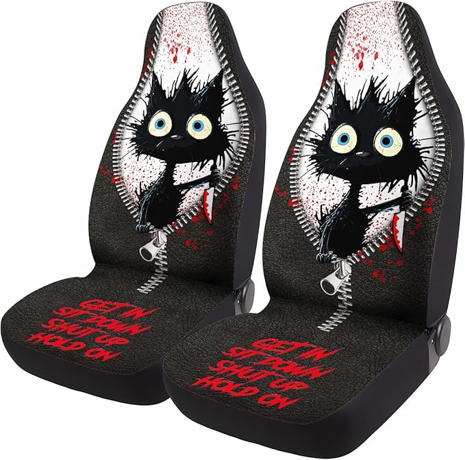GENANY Horror Black Cat Car Seat Covers Set of 2, Breathable Front Seat Covers for Truck Sedan SUV, Funny Car Accessories, Spook Gift for Women Men