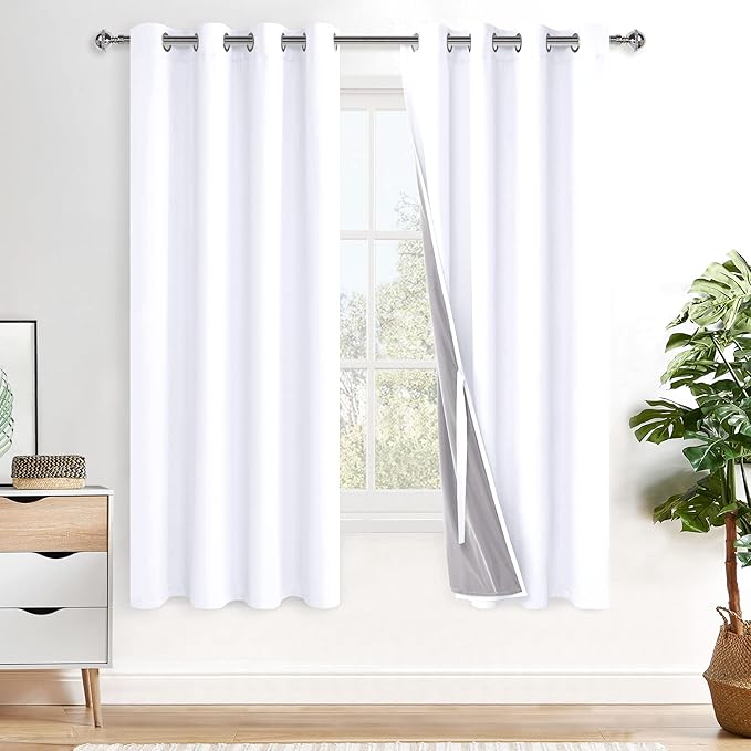 XWZO White 100% Blackout Curtains - Heat and Full Light Blocking Drapes with Black Liner for Bedroom/Laundry Room, Grommet Top Window Panels with Tiebacks, White, W52 x L72, Set of 2