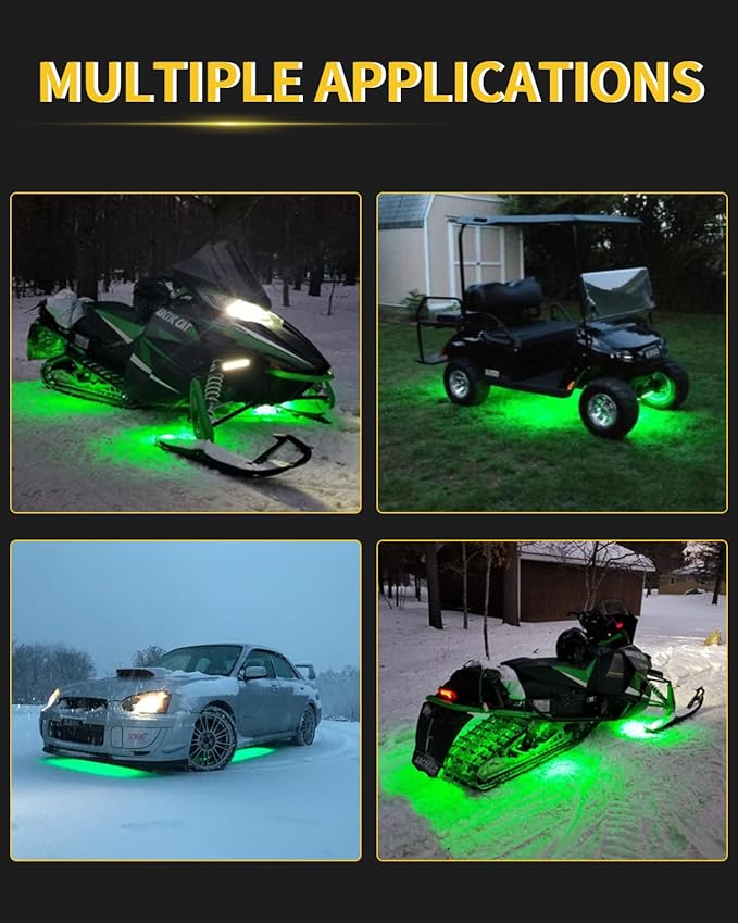 YM E-Bright Car Led Strip Lights for Golf Cart Underglow Motorcycles Marine Boat Kayak Interior Exterior 36SMD Waterproof IP68 Upgrade Solid Silicone 12V 12inch Green (Pack of 4)