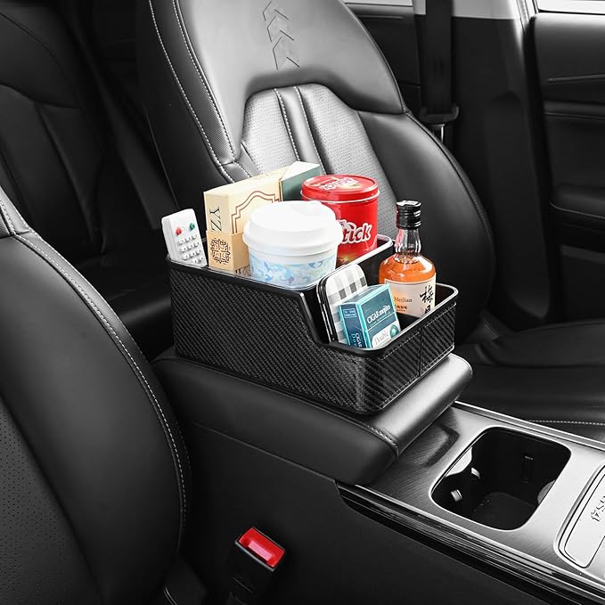 Car Front Seat Organizer with Compartment,Center Console Organizer,Car Armrest Storage Box,Back Seat Cup Holder Tray,Between Seat Small Caddy with Phone Holder for Truck,SUV,Van (Black)