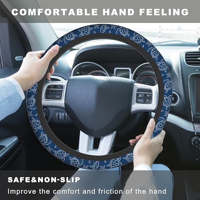 Navy Blue Turtle Steering Wheel Cover, Cute Anti-Slip Breathable Car Accessories Interior Elastic Steering Wheel Cover for Men Women Gifts Fit Auto, SUV Vans Truck Universal 14.5-15 Inch