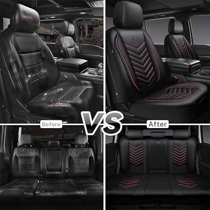 CAR PASS 3D Foam Faux Leather Car Seat Covers Full Set, Red Waterproof Leather Seat Cover for Cars,Luxury Universal Fit for SUV Truck Sedan Automotive,Armrest Airbag Compatible Anti-Slip,Black and Red