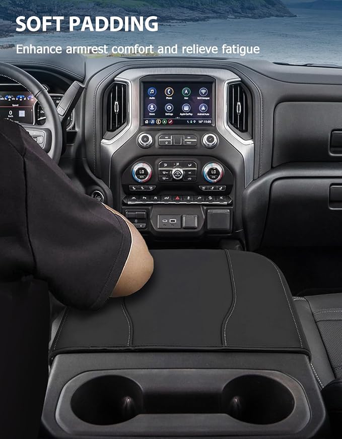 Center Console Cover for Chevy Silverado 1500 Accessories & GMC Sierra 2019-2026, Yukon & Tahoe & Suburban 2021-2026, Bucket Seat Only, Vinyl Armrest Middle Console Cover, Black-Gray Stitch