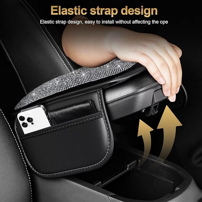Bling Center Console Cover Fit for Toyota Venza with 2 Storage Bags Fully Diamond-Studded Style Center Console Armrest Cover with Total Protection(Silver Diamond)