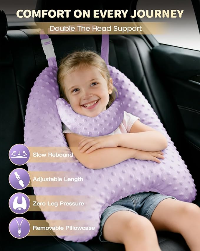 Memory Foam Kids Travel Pillow, Car Pillow for Kids, H-Shape Car Pillows for Sleeping, Removable Pillowcase, Adjustable, Velvet Dots, Purple