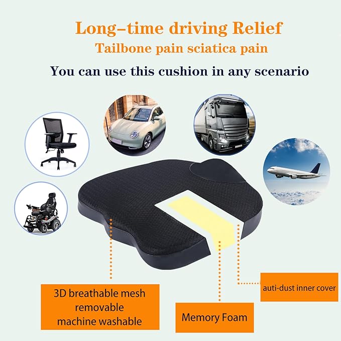 Decompression Cushion, Comfort Memory Foam Seat Cushion for Car Seat Drivers, Tailbone (Coccyx) Pain Relief Cushion, Office Chair Cushion (Gray)