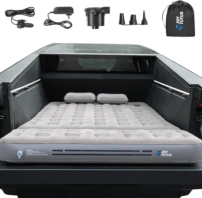 JOYTUTUS Truck Bed Air Mattress with 2 Pillows for Cybertruck Accessories Custom Fit Inflation Camping Air Bed with Built-in Pump & Carry Bag- Grey