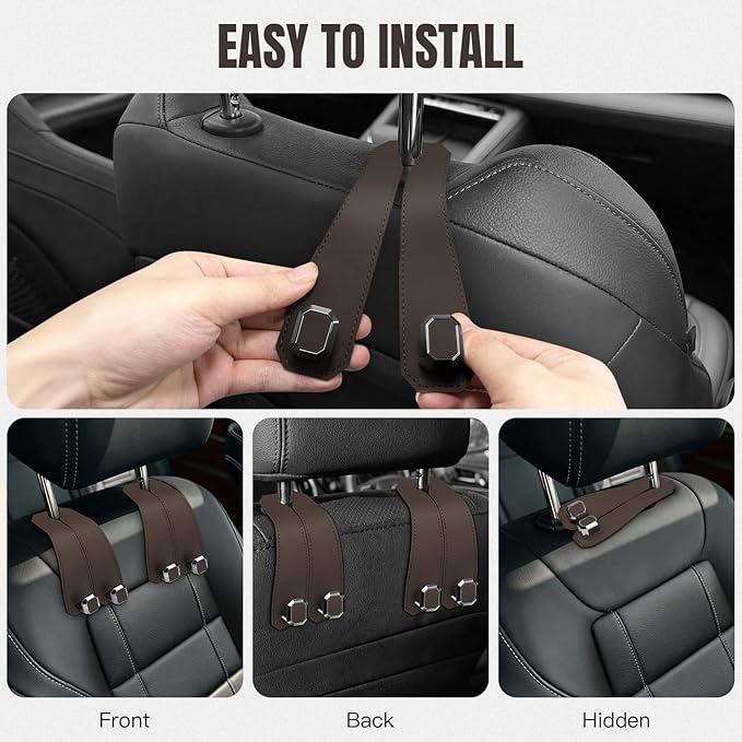 2PCS Car Hooks for Headrest, Faux Leather Purse Hook for Car Seat Back Organizers and Storage, Double Metal Purse Holder Bag Hanger, Universal Car Interior Accessories for Women Man