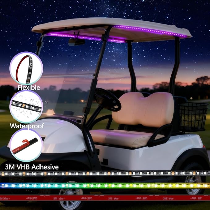 2 Pcs RGB+IC Golf Cart Canopy Lights Strip, 12V-80V Dream Color Chasing Golf Cart Roof Light with Remote and APP Control, Voltage Reducer Included, Music Sync for EZGO Yamaha Club Car