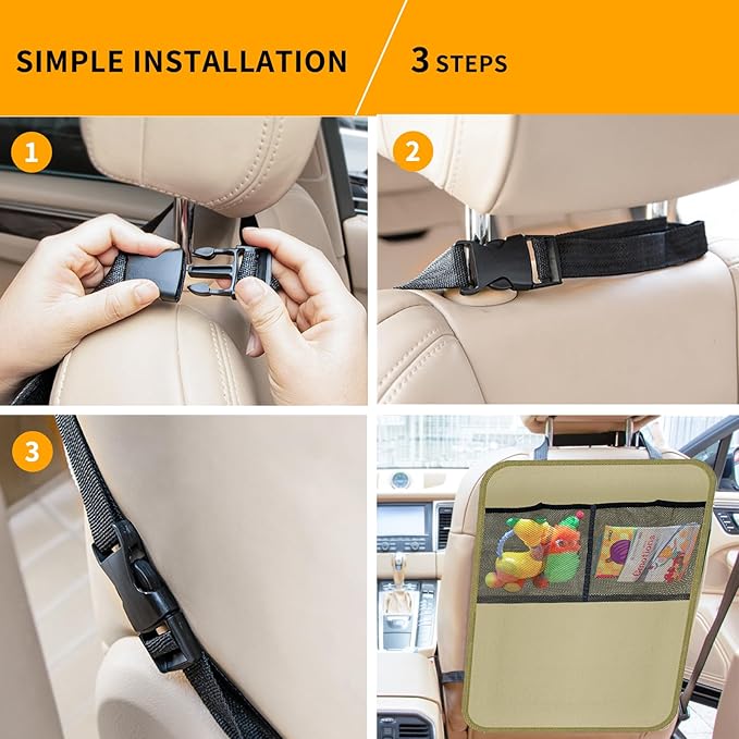 2 Pack Kick Mat Backseat Protector,Back Seat Cover for Kids,Car Seat Back Protectors with 2 Pocket Storage Organizer for Car, SUV, Minivan or Truck Seats (Beige)