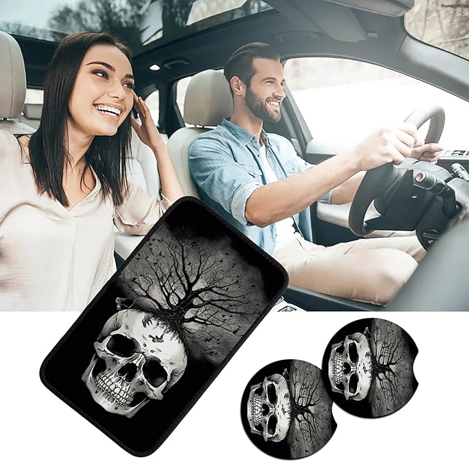 Car Armrest Cover Pads Universal Fashion Cute Auto Center Console Armrest Cover Pad with 2PCS Car Coasters Soft Waterproof Car Armrest Seat Protector for Women,Black White Skull Tree