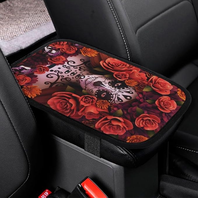 Auto Center Console for Sugar Skulls and Roses Day of Dead Halloween Car Armrest Cover Center Console Armrest Cushion for Car SUV Universal Fit
