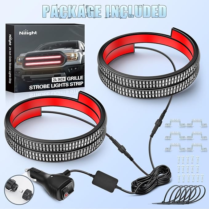 Nilight 2PCS 24 inch Truck Grille Strobe Lights Strip 384 LED Emergency Light Red Flexible Side Flashing Warning Caution Safety Waterproof Lighting Kit for Trucks Tow Plow Construction Vehicles