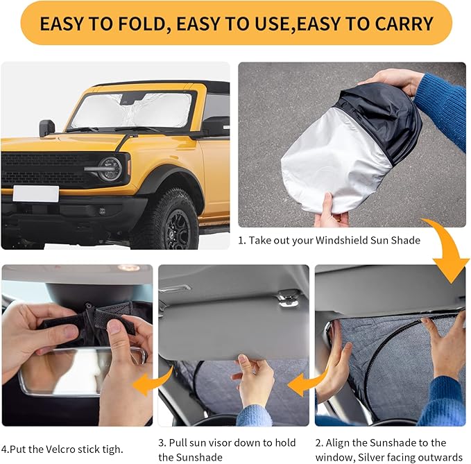 for Ford Bronco Windshield Sun Shade for Bronco 2021-2023 2024 2025 2026 (Not for Bronco Sport)- 4 Layers Window Shades 4 Door 2 Door Sunshade Visor Protector 240T Foldable Block UV Ray