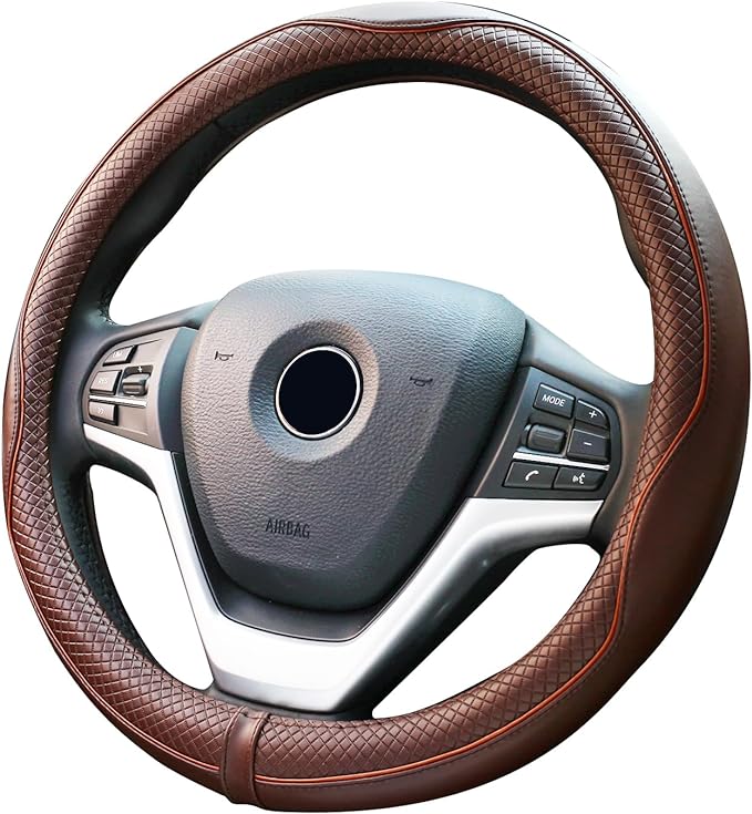 Valleycomfy Steering Wheel Covers Universal 15.75 inch - Genuine Leather, Breathable, Anti Slip & Odor Free (Coffee, L(15" 1/2-16"))