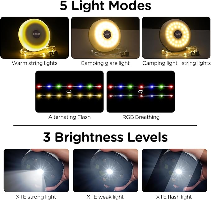 OGERY 2-Pack Camping String Lights, 32.8FT Rechargeable Christmas String Lights Outdoor/Indoor, 8 Modes 4-in-1 Quick Storage Fairy Lights Portable Lamp for Xmas Tree Decor Party Camping Essentials