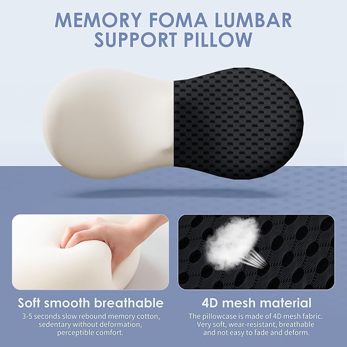 Lumbar Support Pillow, Memory Foam Lumbar Pillow for Lower Back Pain Relief, Back Support Pillow for Office Chair, Car Seat - Black