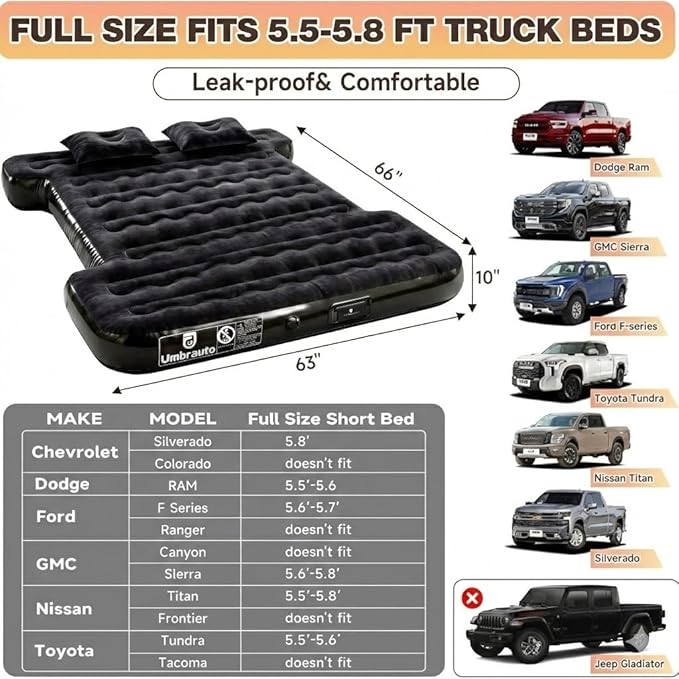 Umbrauto Built-in Pump Air Mattress for 5.5-5.8ft Full Size Short Truck Bed, Inflatable Camping Airbed with Rechargeable Cordless Pump for Truck Tent Camper