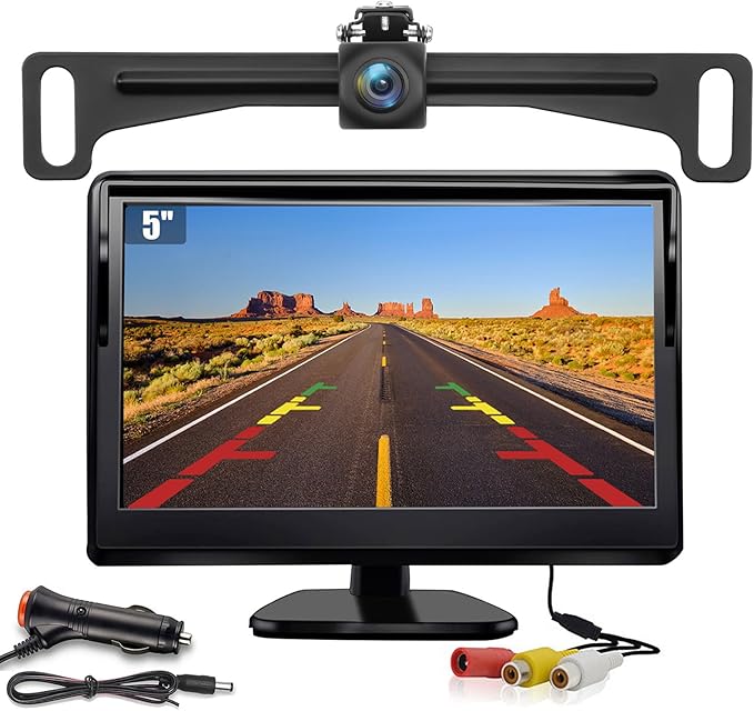 Kairiyard License Plate Backup Camera with 5in Monitor, 170 Degree Wide Angle DIY Grid Lines Waterproof Reverse Rear View Camera Systems for Truck Car Trailer SUV