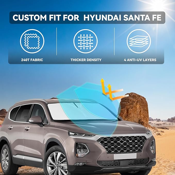 for Hyundai Santa Fe 2019-2023 Windshield Sun Shade - 4 Layers Car Sunshades for Front Windows Shade Cover Custom Fit Santa Fe Sun Visor 250T Retractable Shade Blocks UV Rays Car Accessories