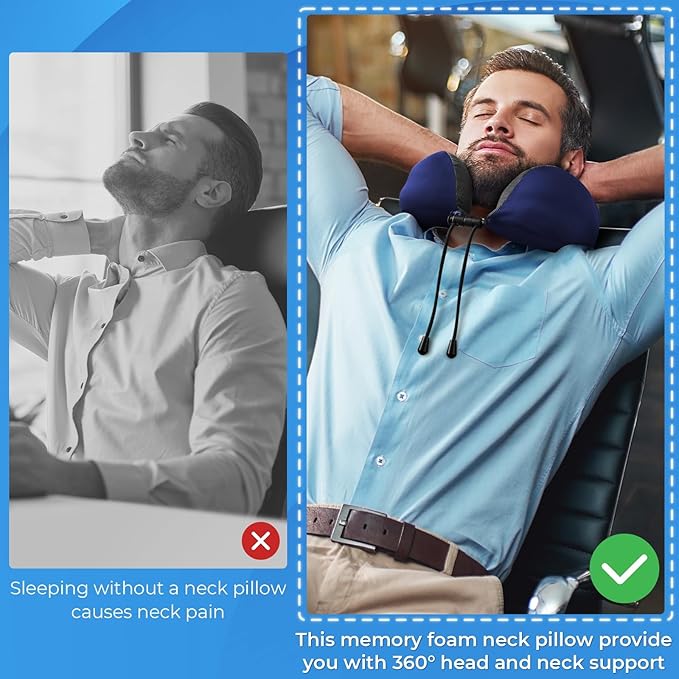 Travel Pillow, Travel Pillows for Sleeping Airplane, Neck Pillow Airplane, Memory Foam Neck Pillow Set with Eye Mask, Earplugs and Storage Bag -Blue