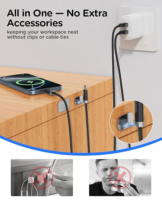 Magtame USB A to USB C Cable 3.3FT, Braided StayCable Built-in Magnetic Holder for Nightstand, Desk&Car, USB Type C Data Cord with 2 Adhesive Metal Plates for iPhone 17,16