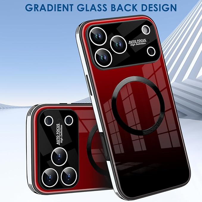 Guppy Compatible with iPhone 17 Pro Magnetic Case, with Full Camera Lens Protector [Compatible with MagSafe] Scratch Resistant Gradient Glass Back Cover Phone Case-Red
