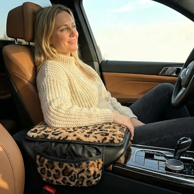 Plush Leopard Print Car Center Console Cover with Side Pockets, Fluffy Armrest Cushion Pad,Soft Cheetah Car Interior Decorations Accessories with Storage for Women,Universal Fit for Vehicles SUV Truck